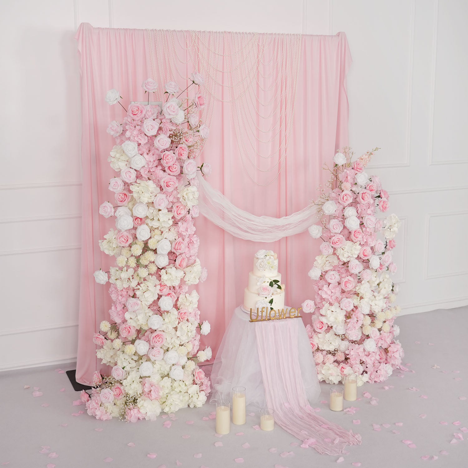 Uflower Artificial Pink White Wedding KT Backdrop Flower Row Decor